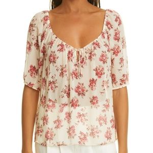 PAIGE 
Franciska Floral Jacquard Silk Top - Nude Cream/ Cherry Red